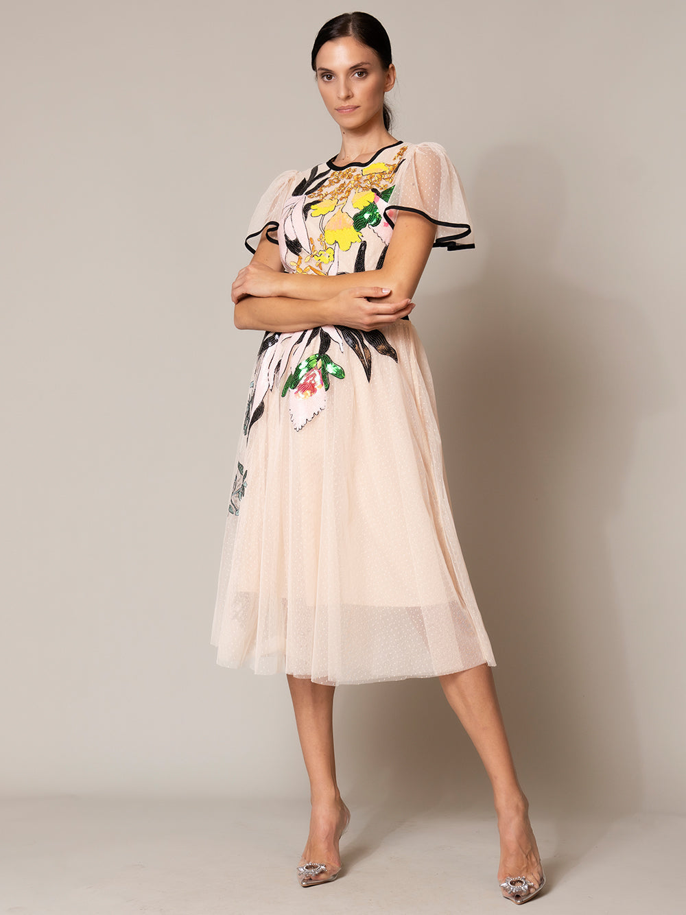 Apricot Round Neck Flutter Sleeve Floral Sequin Tulle A-Line Midi Dress