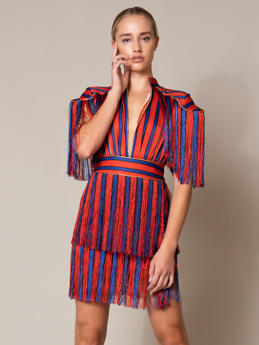 Red Collared V-Neck Striped Fringe Tassel Short Sleeve Mini Dress