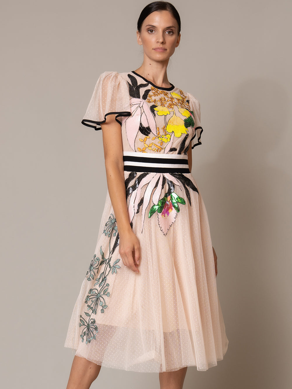Apricot Round Neck Flutter Sleeve Floral Sequin Tulle A-Line Midi Dress