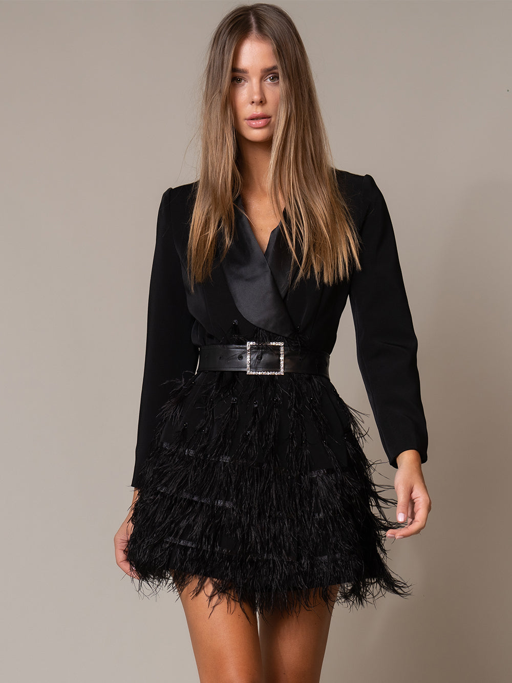 Black Satin Lapel Belted Feather Hem Long Sleeve Blazer Mini Dress 2