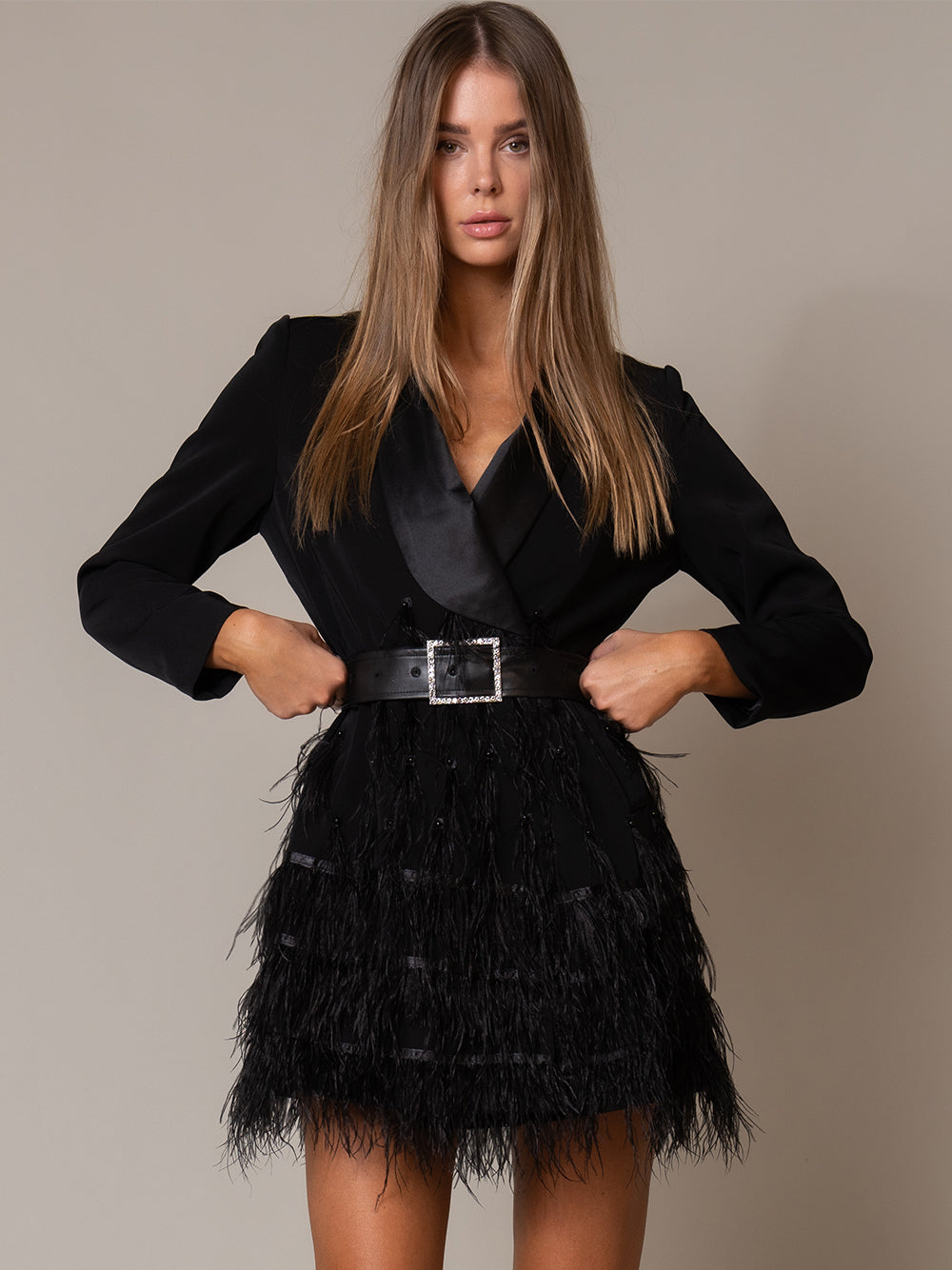 Black Satin Lapel Belted Feather Hem Long Sleeve Blazer Mini Dress 3