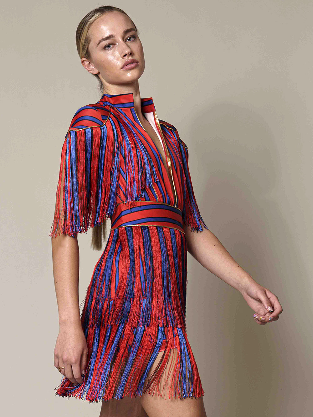 Red Collared V-Neck Striped Fringe Tassel Short Sleeve Mini Dress