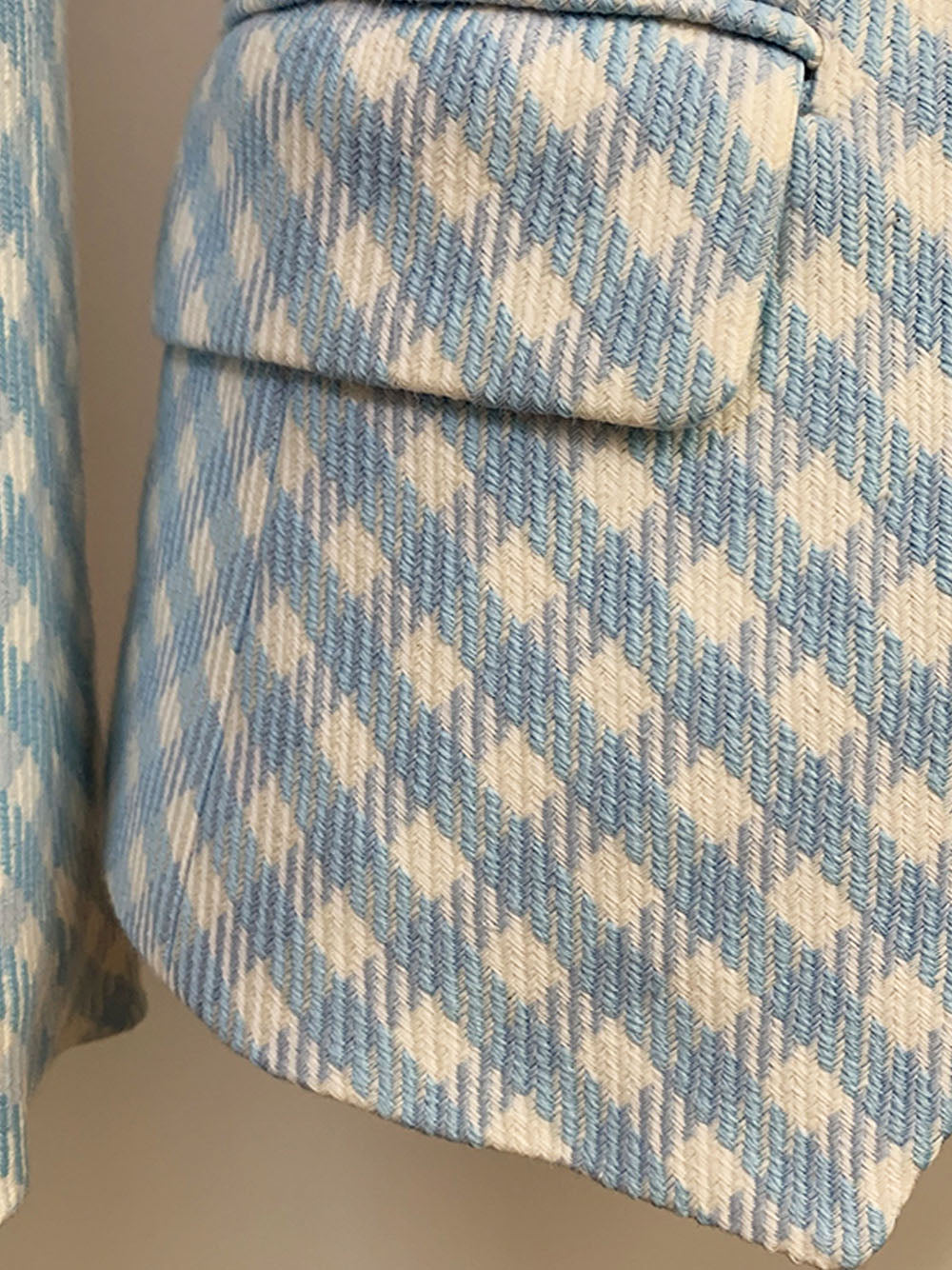 Blue Peak Lapel Double Breasted Gold Button Gingham Tweed Blazer
