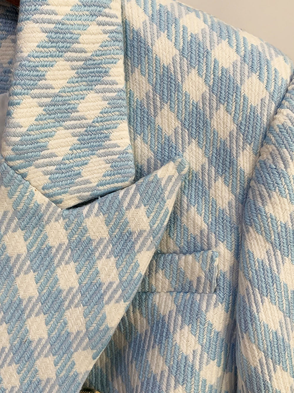 Blue Peak Lapel Double Breasted Gold Button Gingham Tweed Blazer