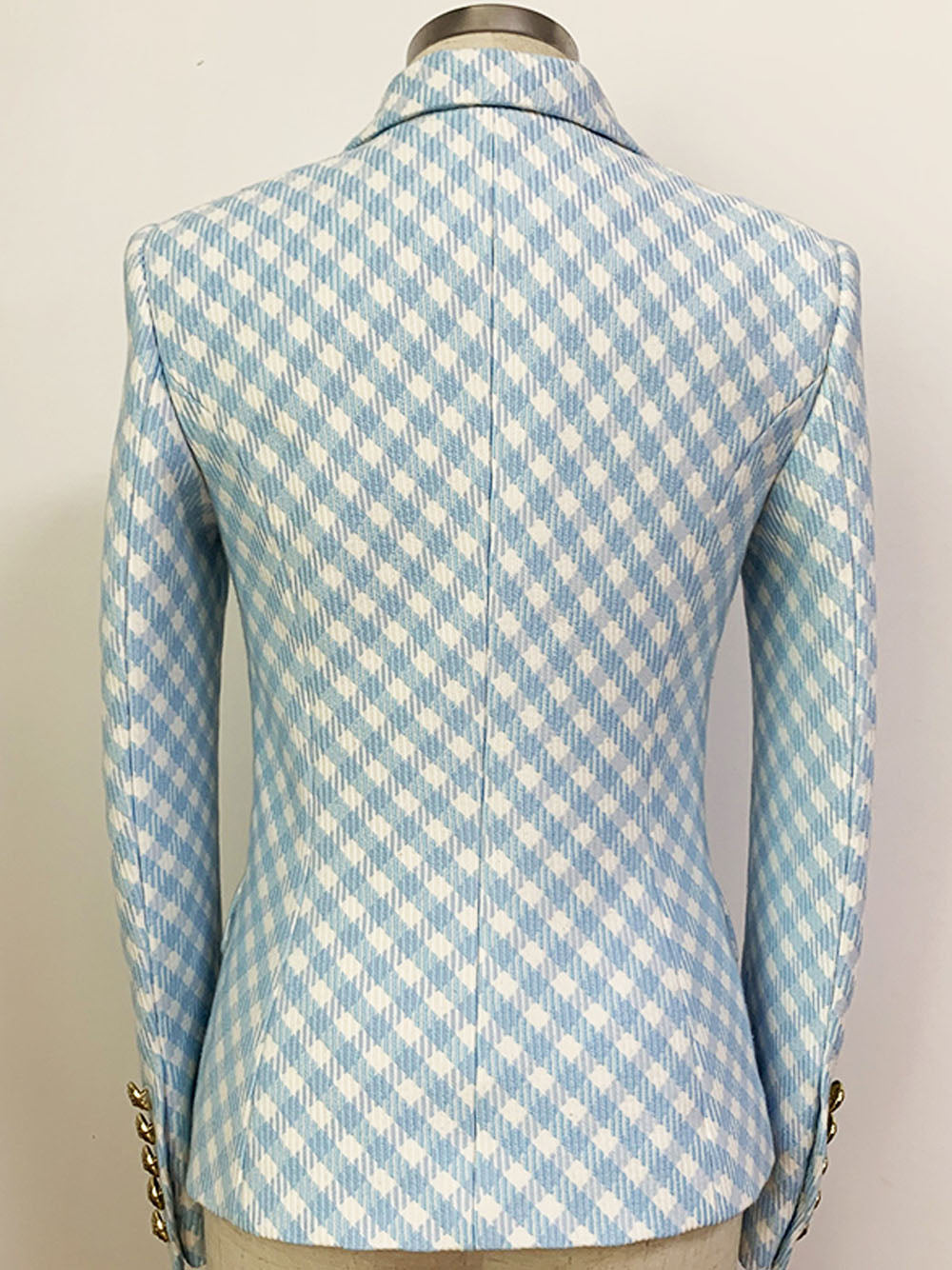Blue Peak Lapel Double Breasted Gold Button Gingham Tweed Blazer