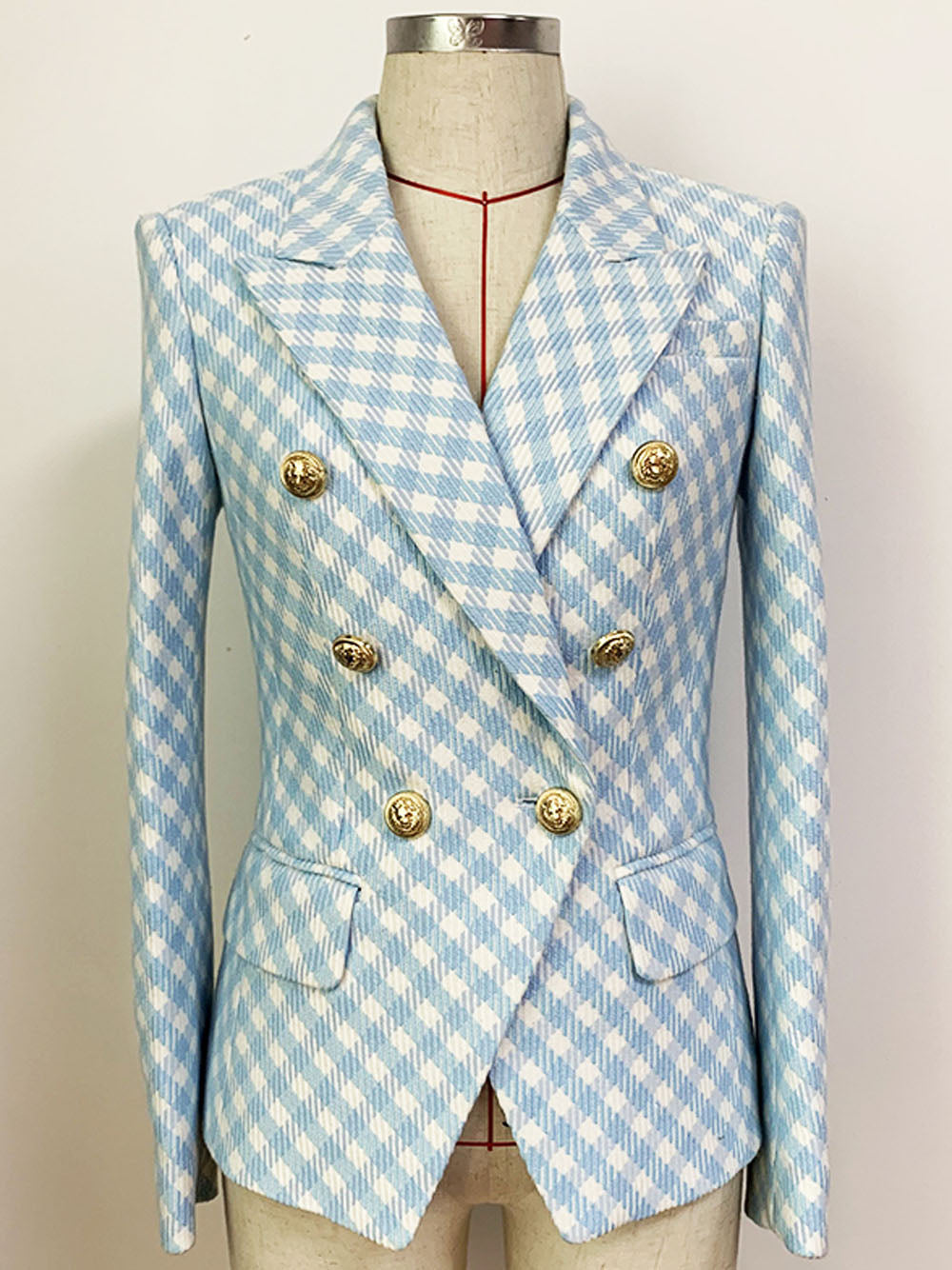 Blue Peak Lapel Double Breasted Gold Button Gingham Tweed Blazer