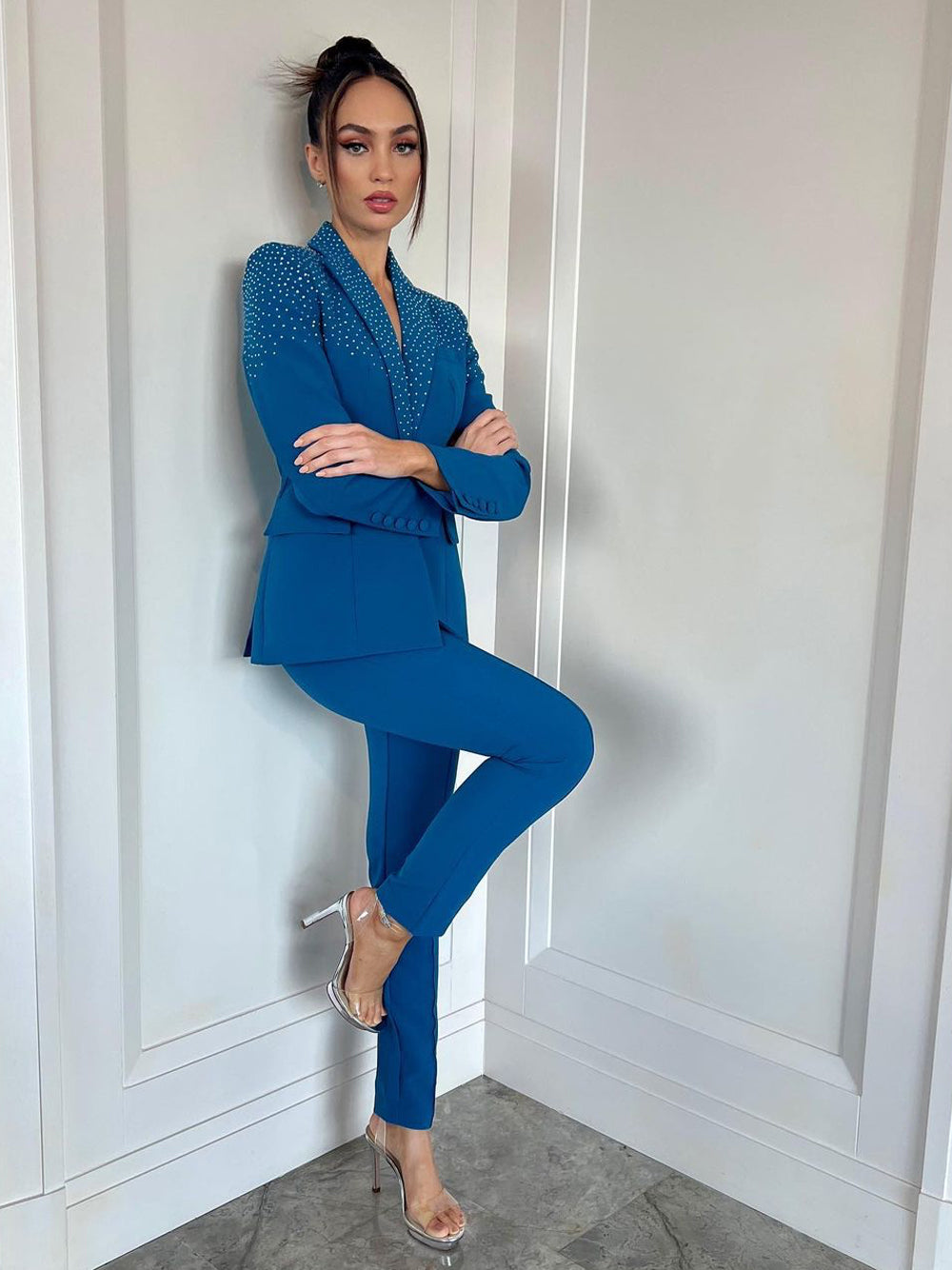 Blue Peak Lapel Rhinestone Embellished Blazer Pants Set 13