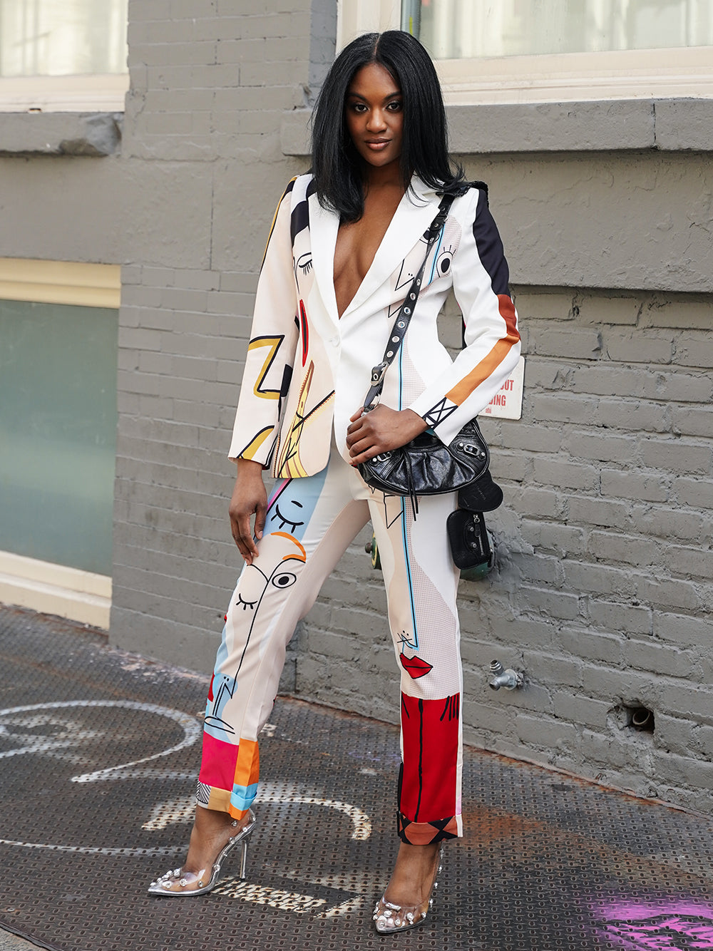 Abstract Face Print Single-Breasted Blazer and Pants Set