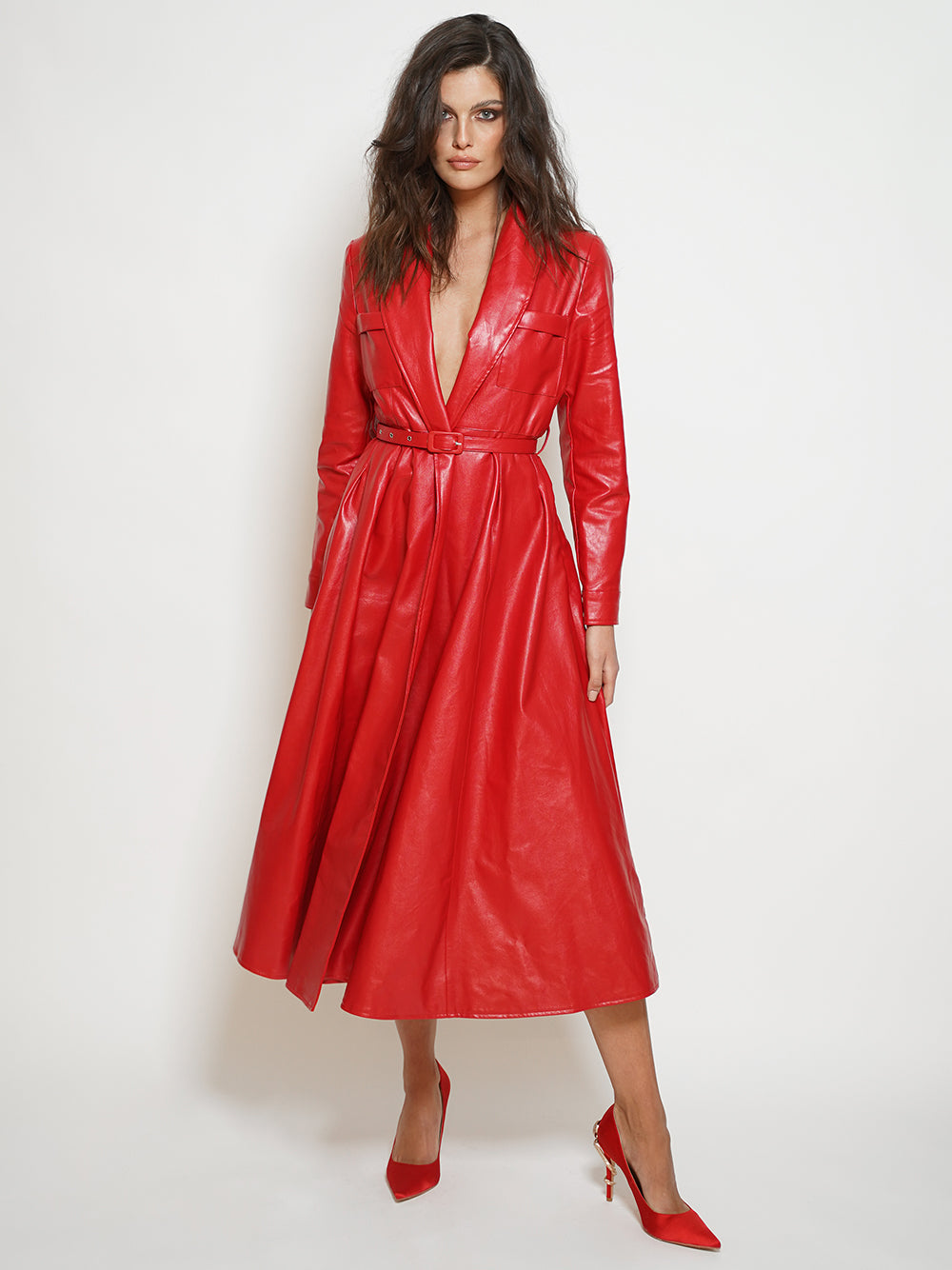 Red Peak Lapel Belted Faux Leather Flared Trench Coat