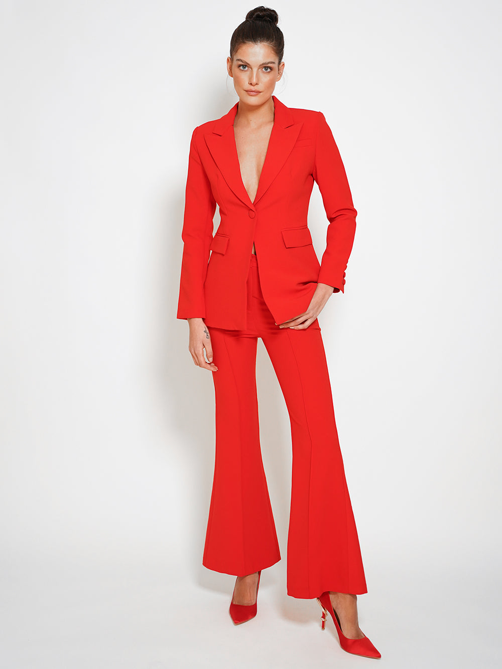 Red Peak Lapel Single Button Fitted Blazer and Flared Pants Set