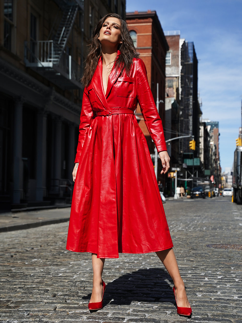 Red Peak Lapel Belted Faux Leather Flared Trench Coat