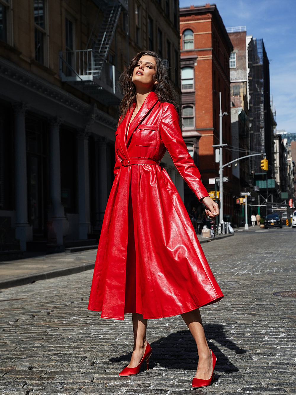 Red Peak Lapel Belted Faux Leather Flared Trench Coat