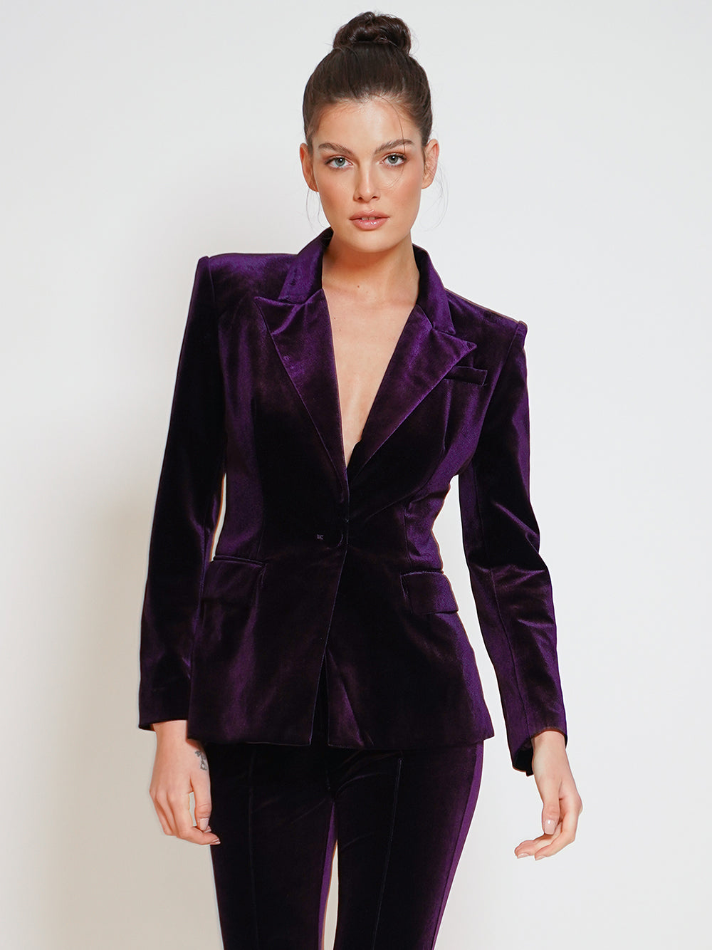 Purple Peak Lapel Velvet Single Button Blazer Pants Set