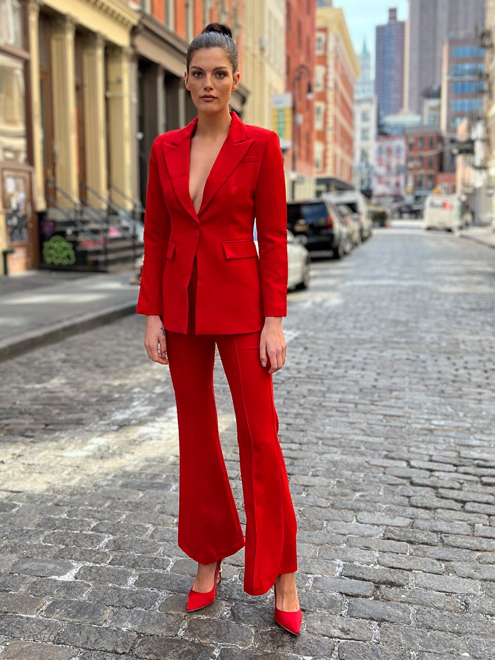 Red Peak Lapel Single Button Fitted Blazer and Flared Pants Set