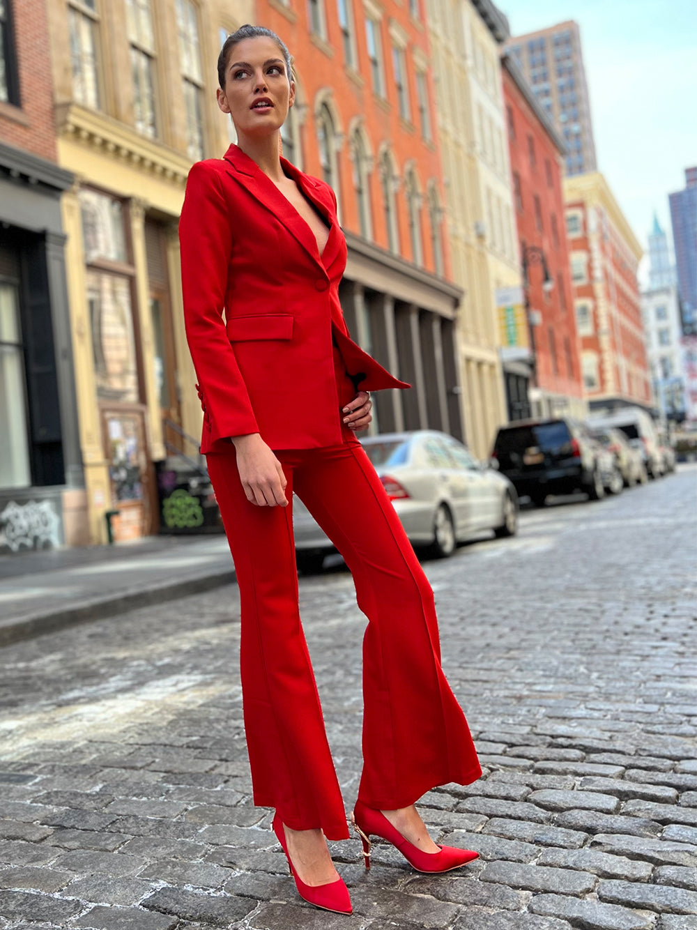 Red Peak Lapel Single Button Fitted Blazer and Flared Pants Set