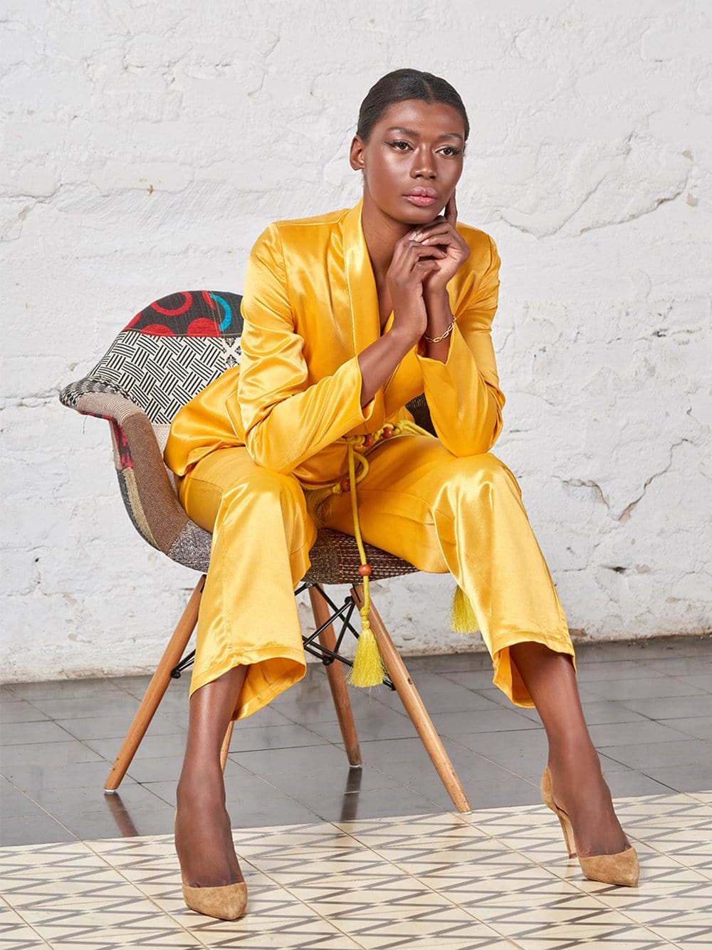 Gold Tasseled Belt Satin Blazer and Pants Set
