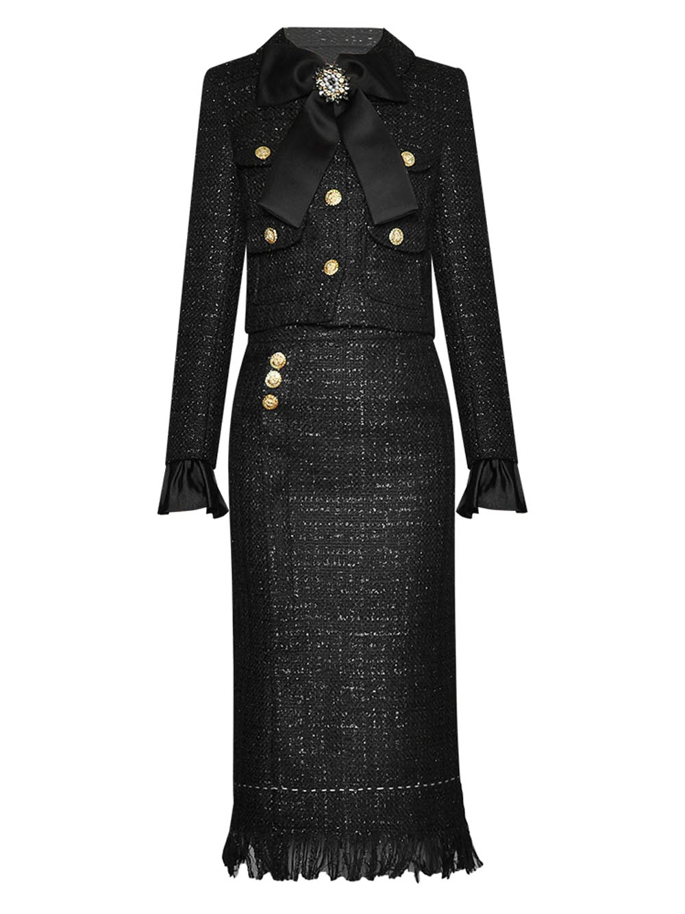 Black Gold Button Tweed Cropped Jacket and Fringe Skirt Set