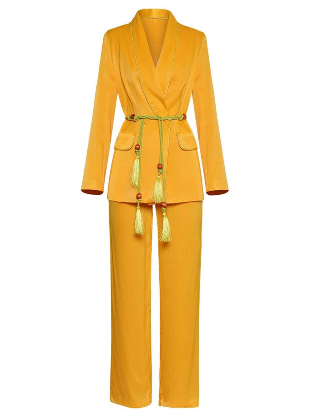 Gold Shawl Lapel Satin Tassel Belt Blazer and Pants Set