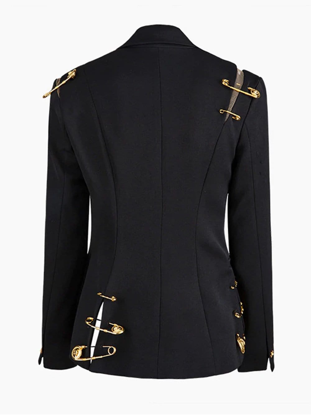 Black Peak Lapel Safety Pin Embellished Single Button Blazer 4