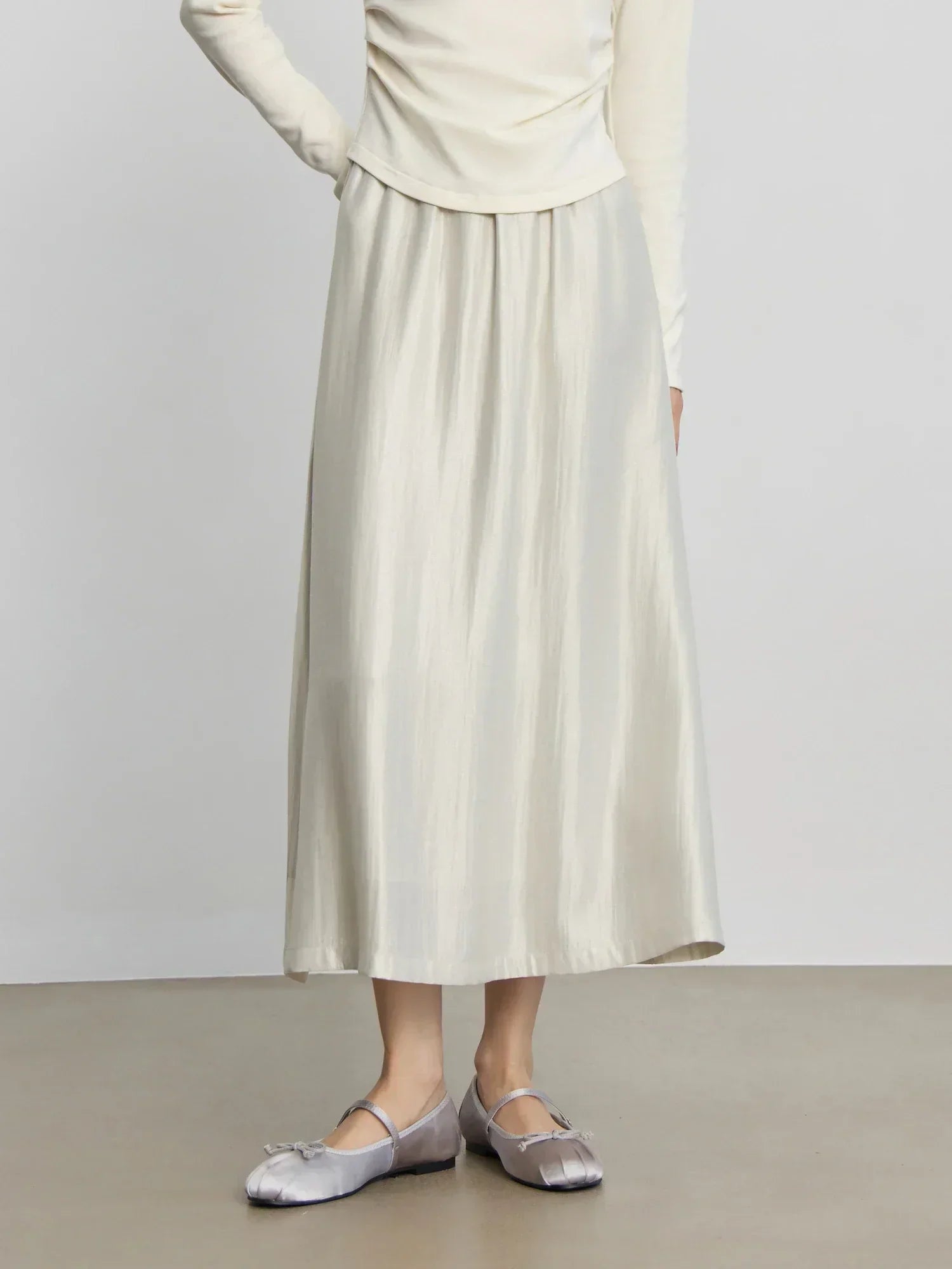 Solid Long High Waist Elastic Silver Grey Draped A-Line Commuter Skirt White / Xxs