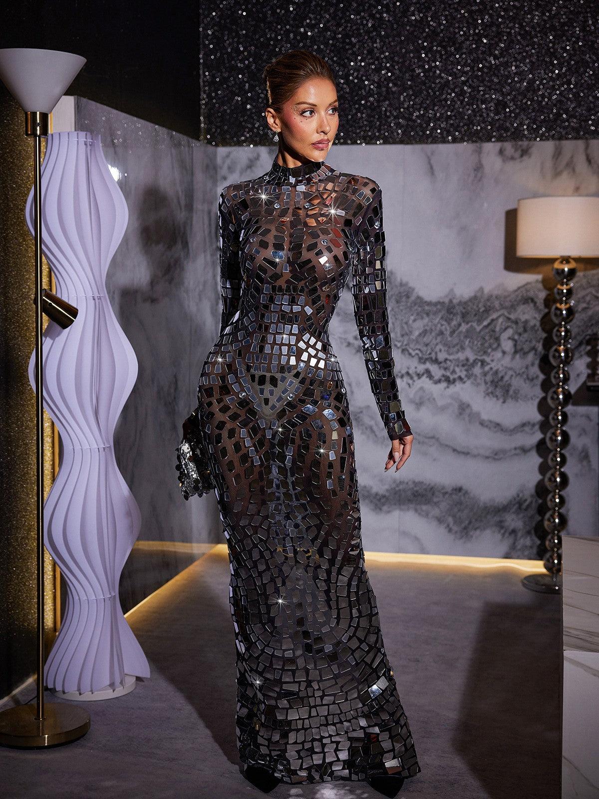 Long Sleeve Acrylic Mesh Maxi Dress