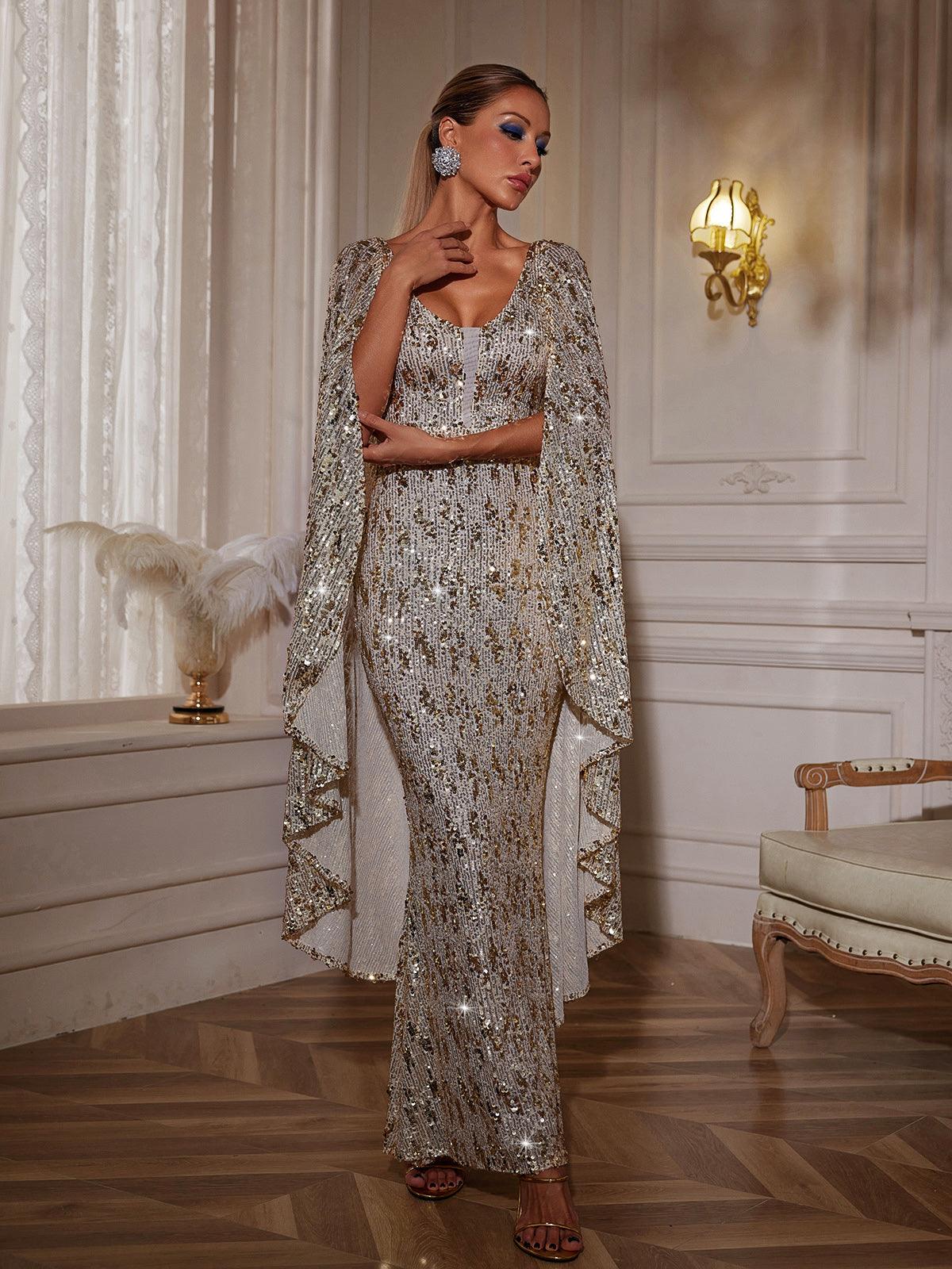 Draped Sleeve Sequin Maxi Dress