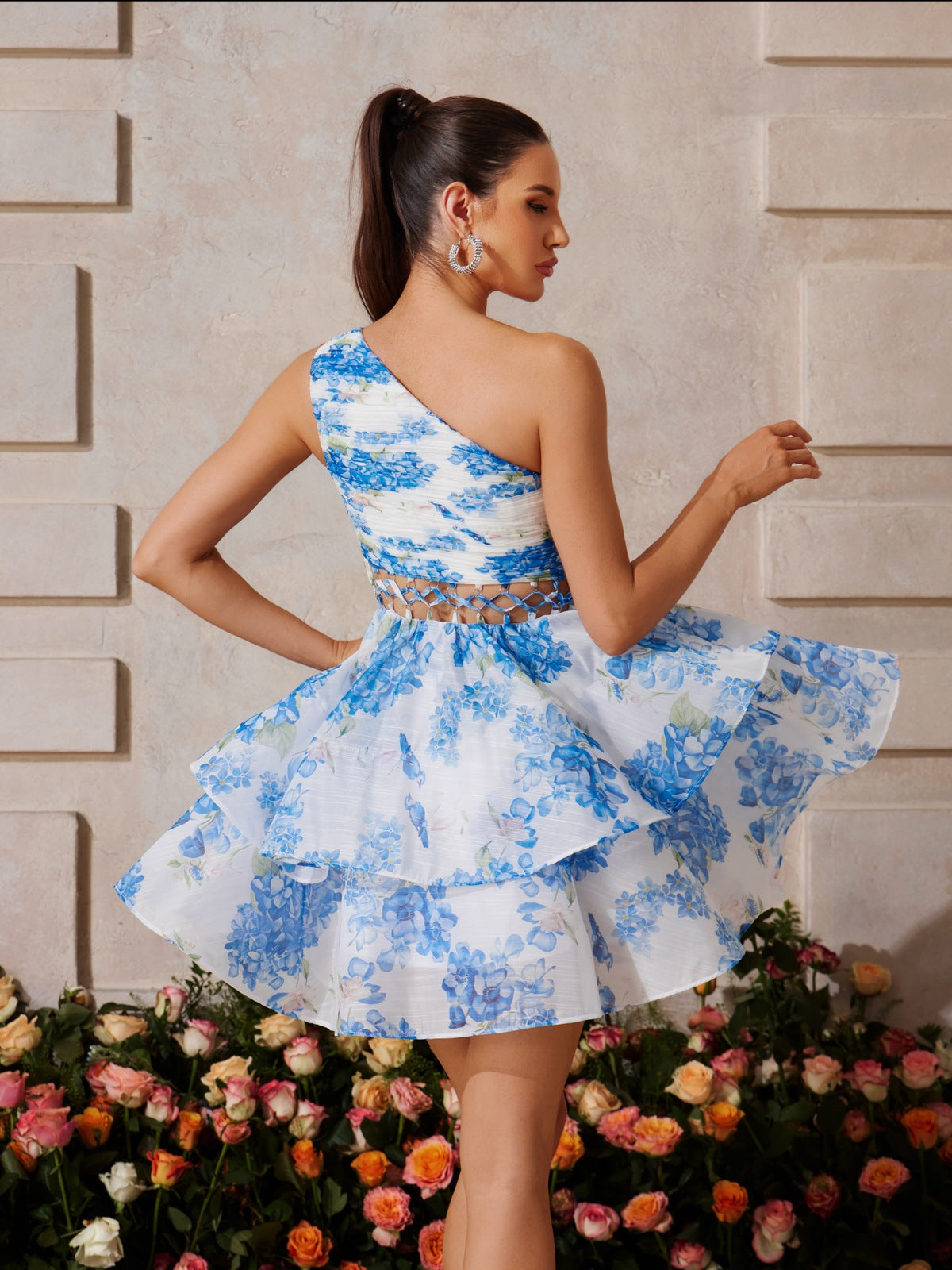 One Shoulder Floral Tiered Mini Dress In Blue