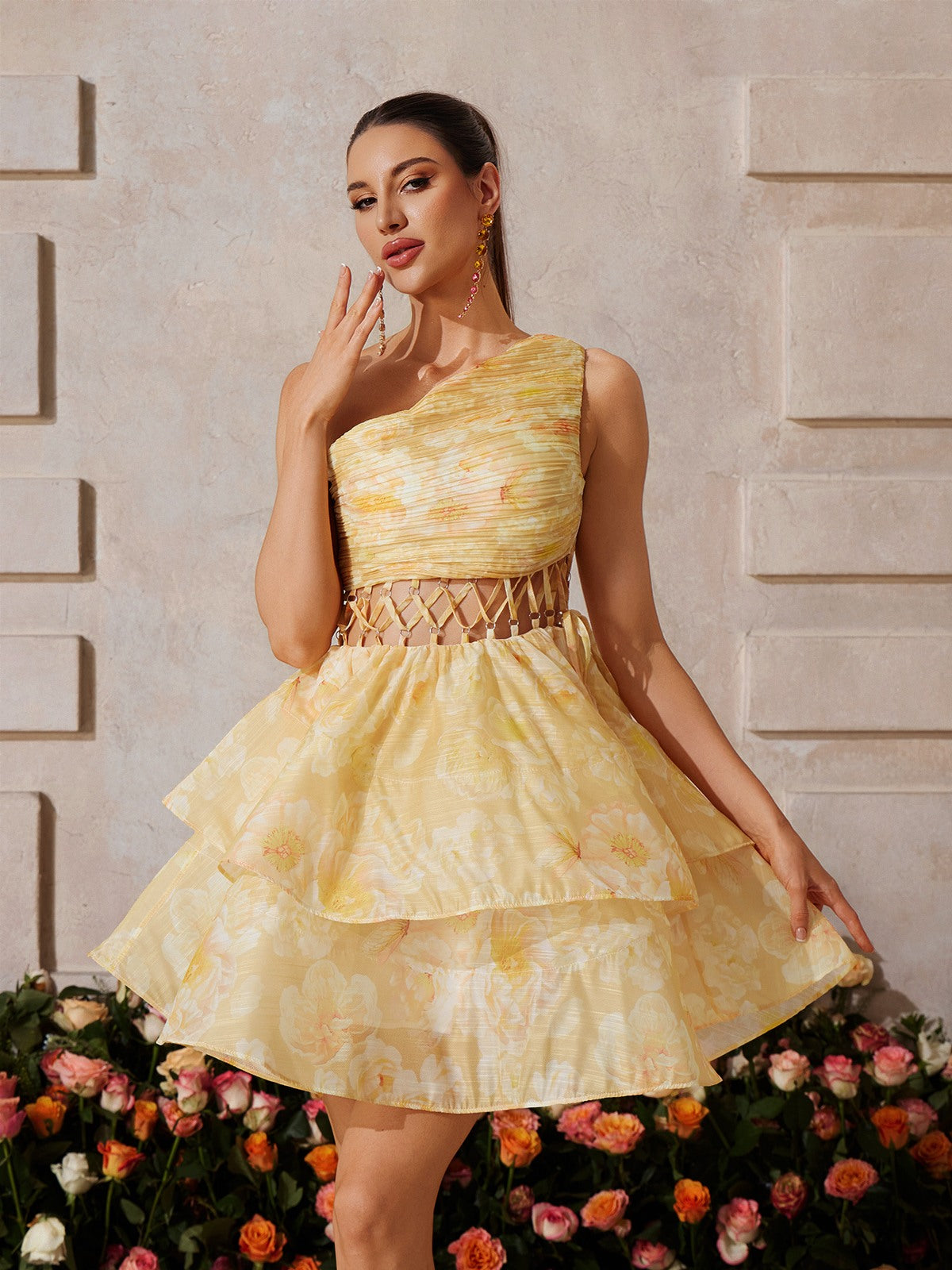 One Shoulder Floral Tiered Mini Dress In Yellow