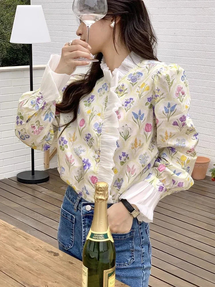 Floral Ruffled Flare Sleeve Blouse