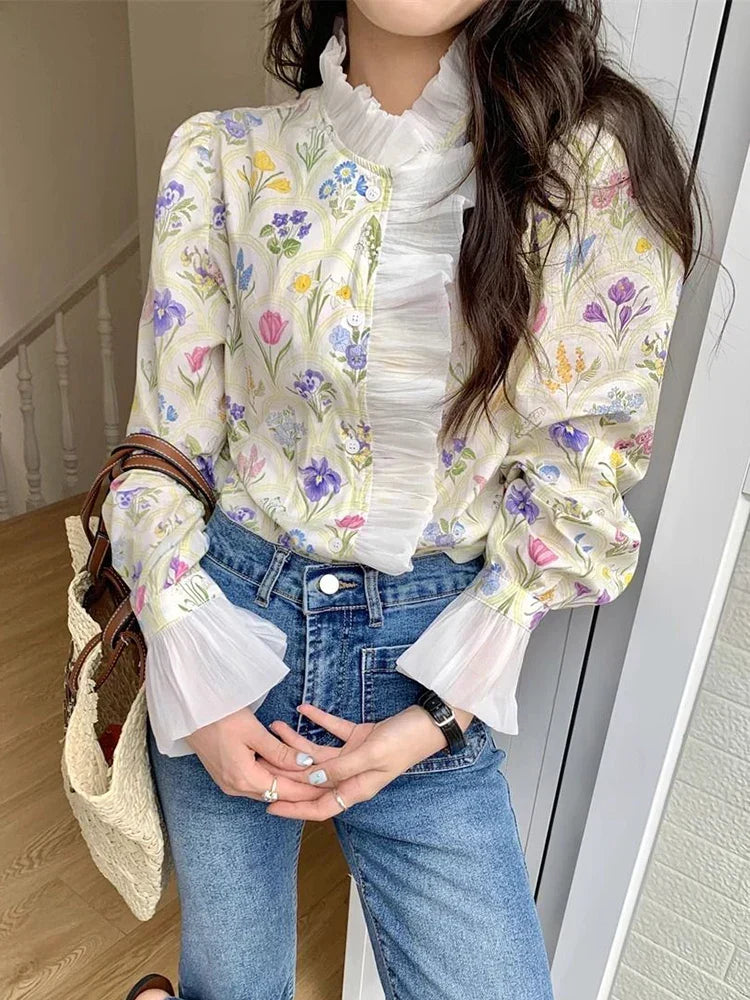 Floral Ruffled Flare Sleeve Blouse white / S blouse-250223