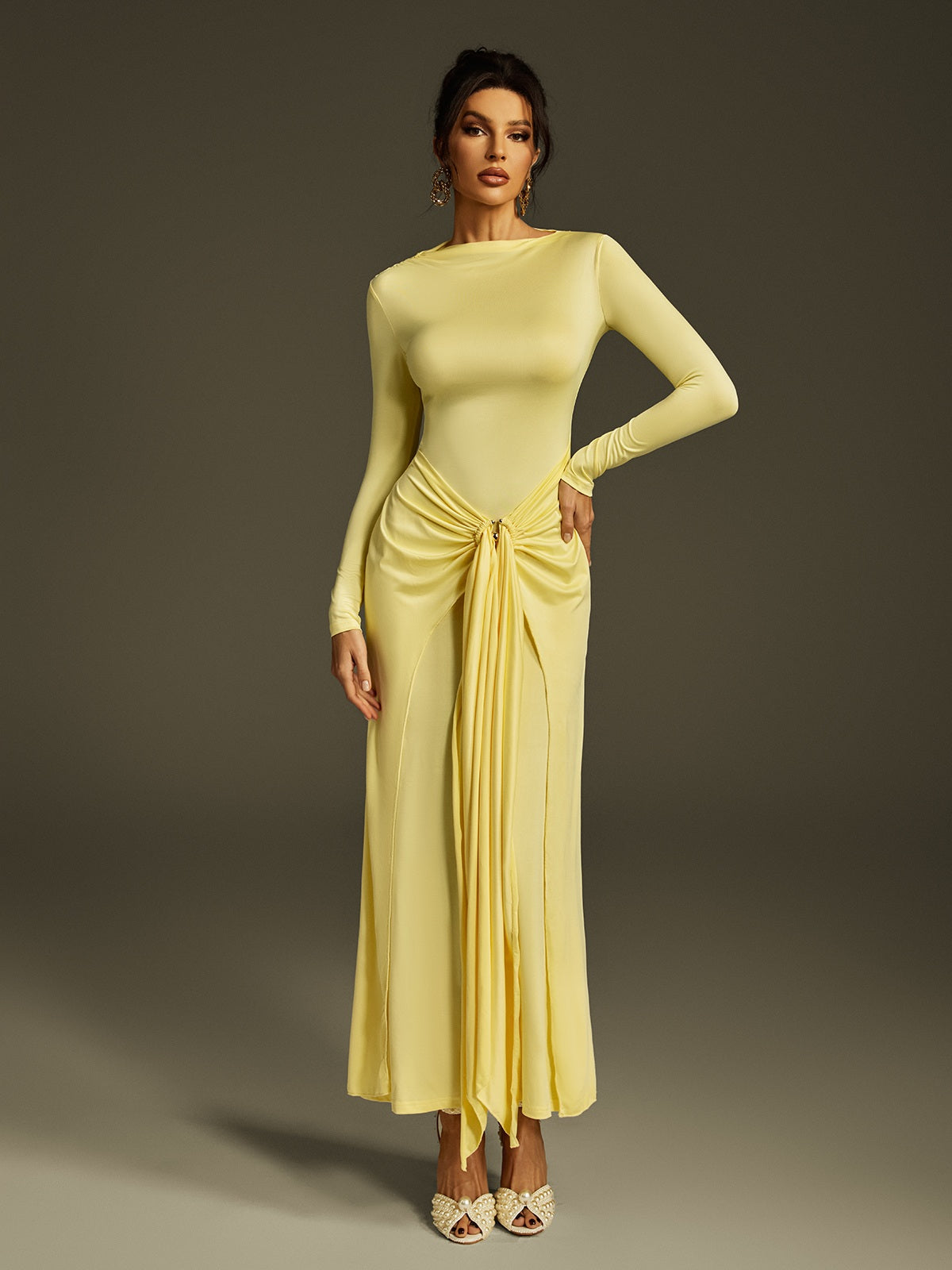 Long Sleeve Draped Maxi Dress In Butter Yellow