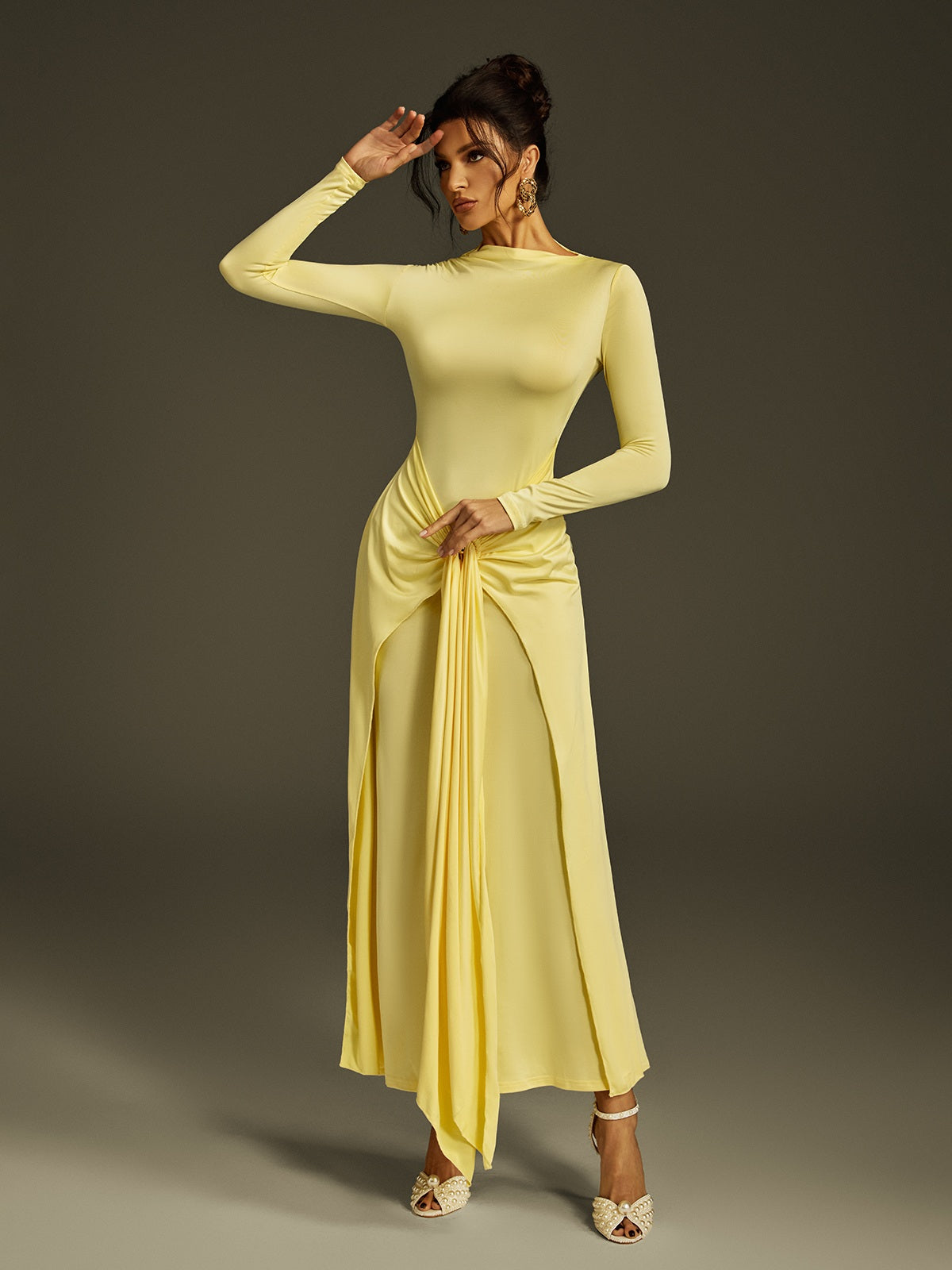 Long Sleeve Draped Maxi Dress In Butter Yellow