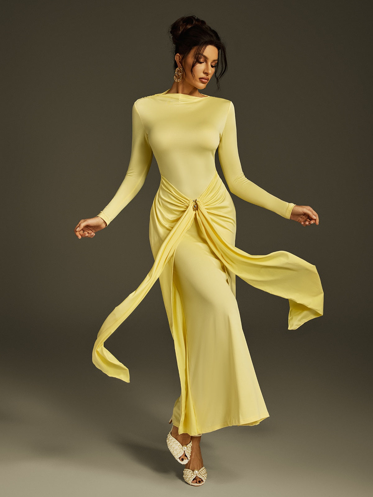 Long Sleeve Draped Maxi Dress In Butter Yellow