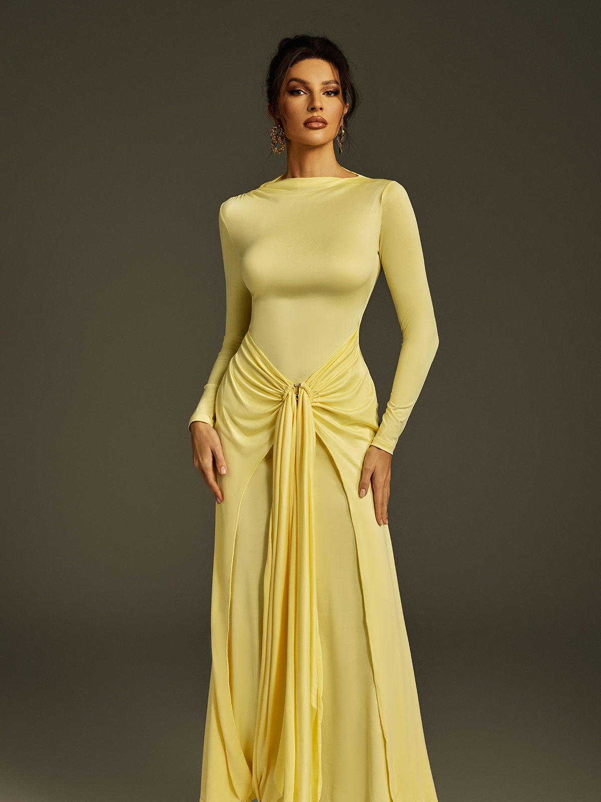 Long Sleeve Draped Maxi Dress In Butter Yellow