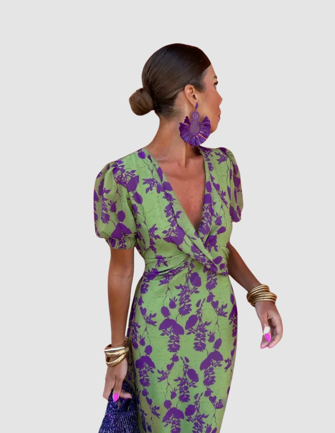 Green V-Neck Puff Sleeve Floral Print Twist Waist Midi Dress