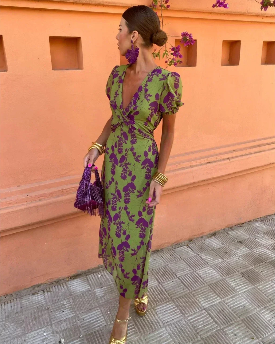 Green V-Neck Puff Sleeve Floral Print Twist Waist Midi Dress 3