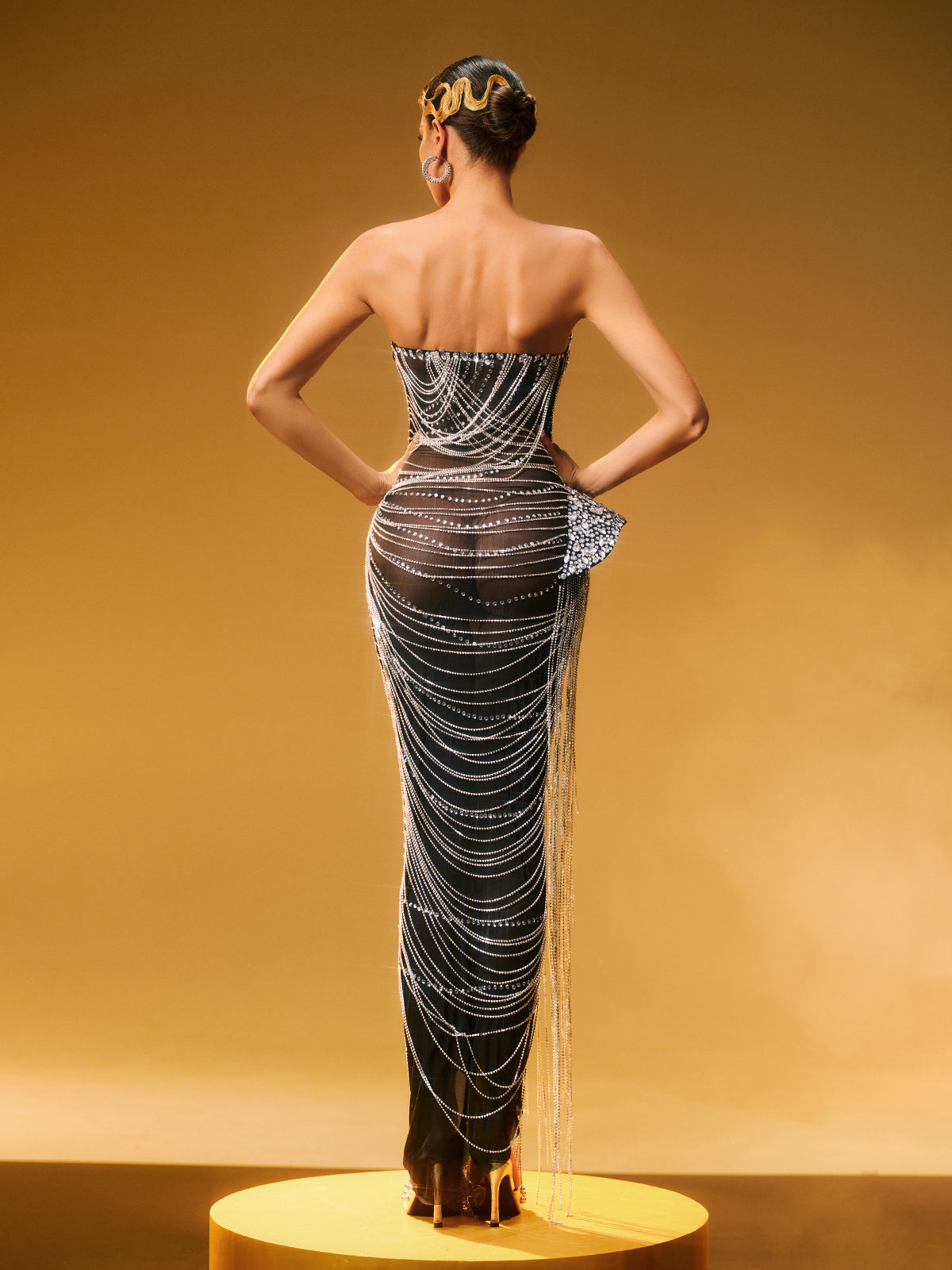 Strapless Crystal Chain Fringe Maxi Dress