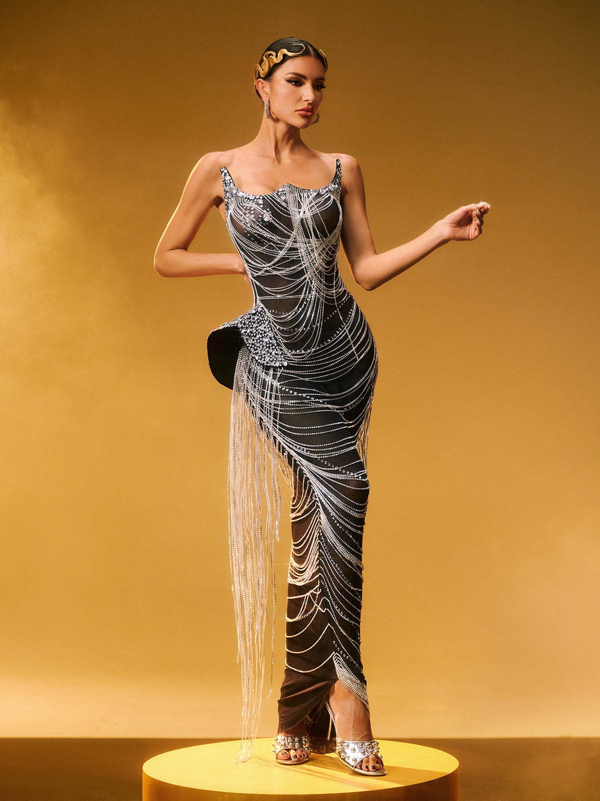 Strapless Crystal Chain Fringe Maxi Dress