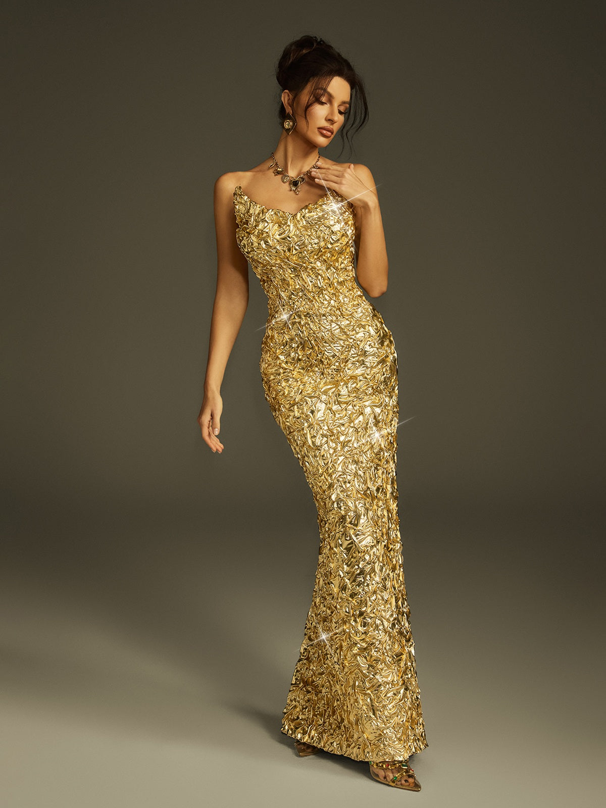 Strapless Foil Split Maxi Dress
