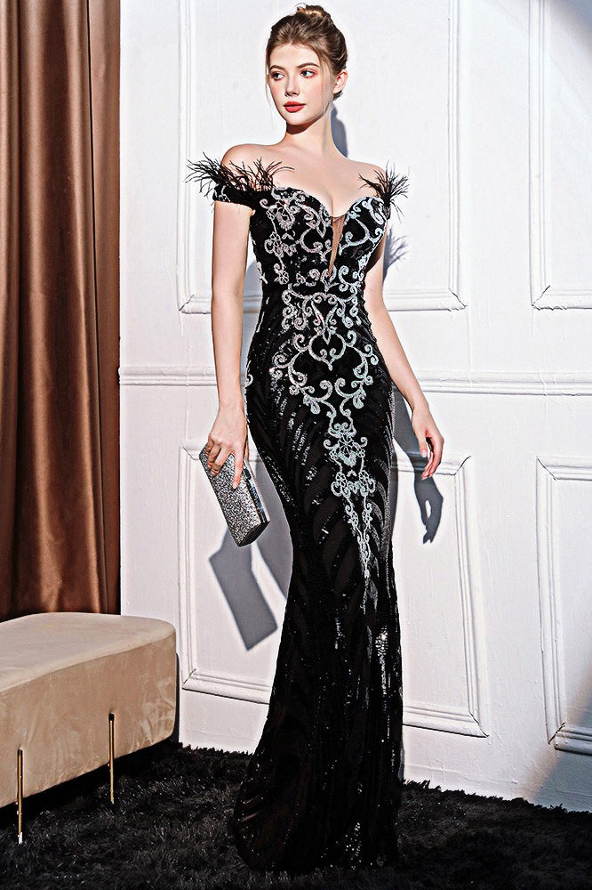 Elegant OffShoulder Slim Maxi Sequin Dress