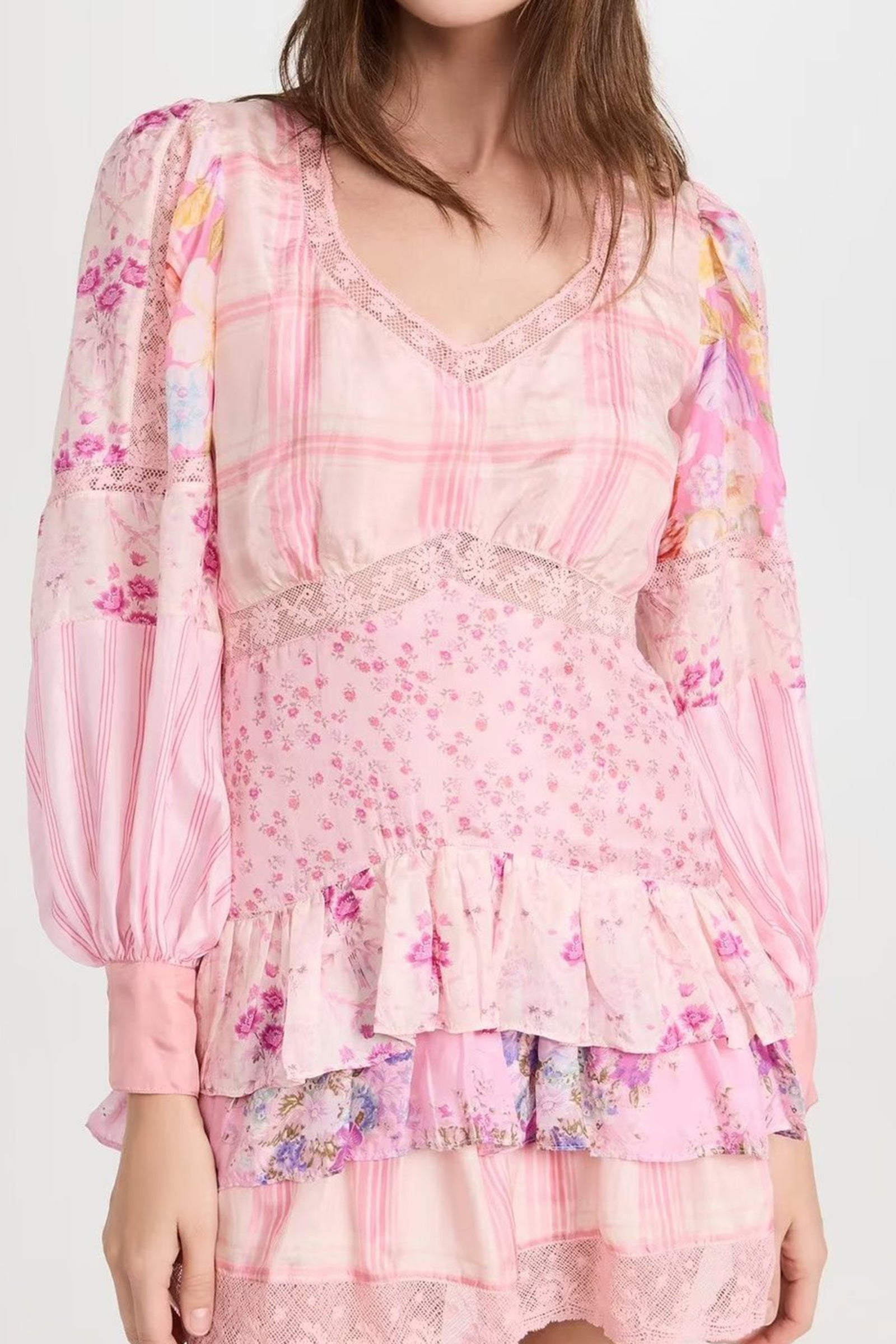 Pink Floral Print Balloon Sleeve Tiered Mini Dress