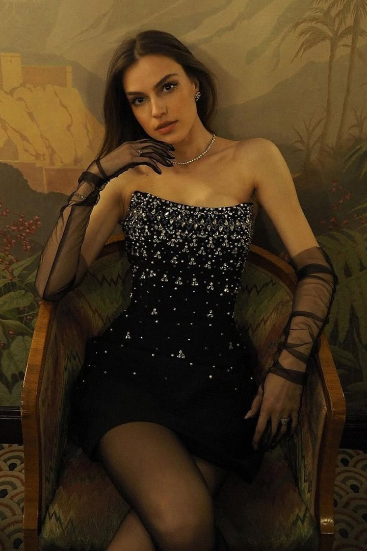 Rhinestone Strapless Bandage Ruched Party Dress