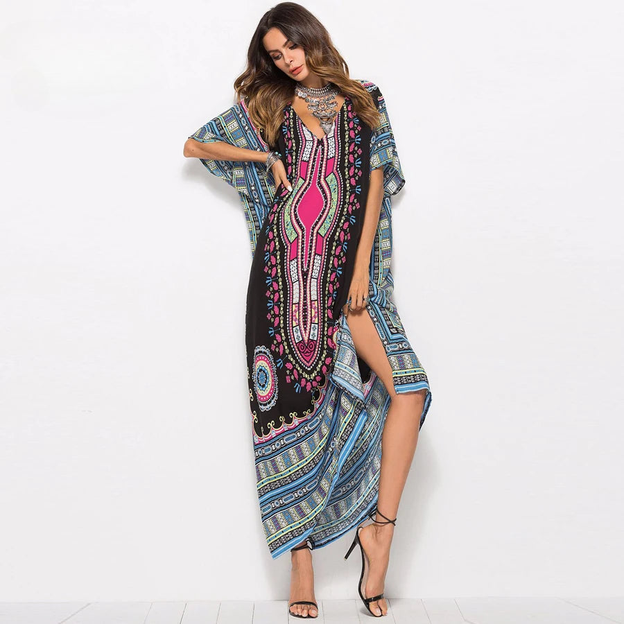 Maxi Kaftan Dress Rayon Ethnic Floral Print Beach Sundress