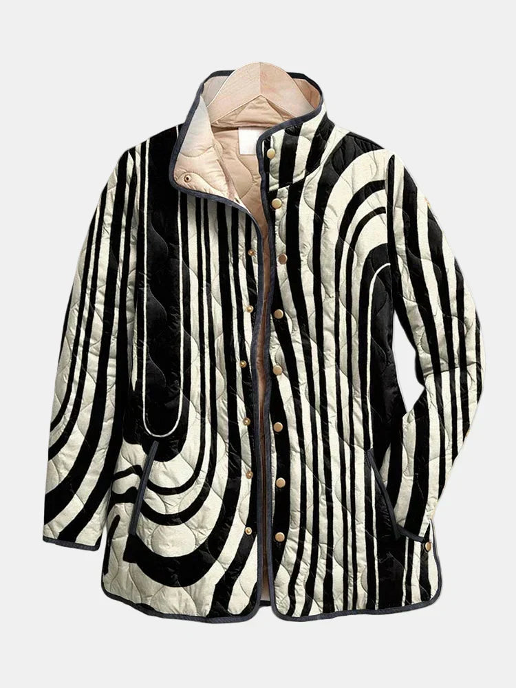 Multicolour Abstract Swirl Stripe Stand Collar Snap Button Quilted Jacket
