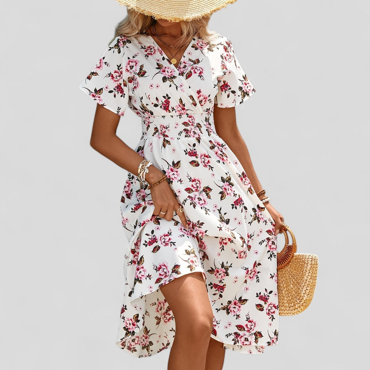 Floral Pink V-Neck Wrap Flutter Sleeve Floral Shirred Waist A-Line Midi Dress