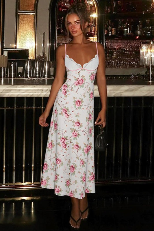 Pink Spaghetti Strap Deep V Lace Cup Floral Print Bodycon Maxi Dress 3