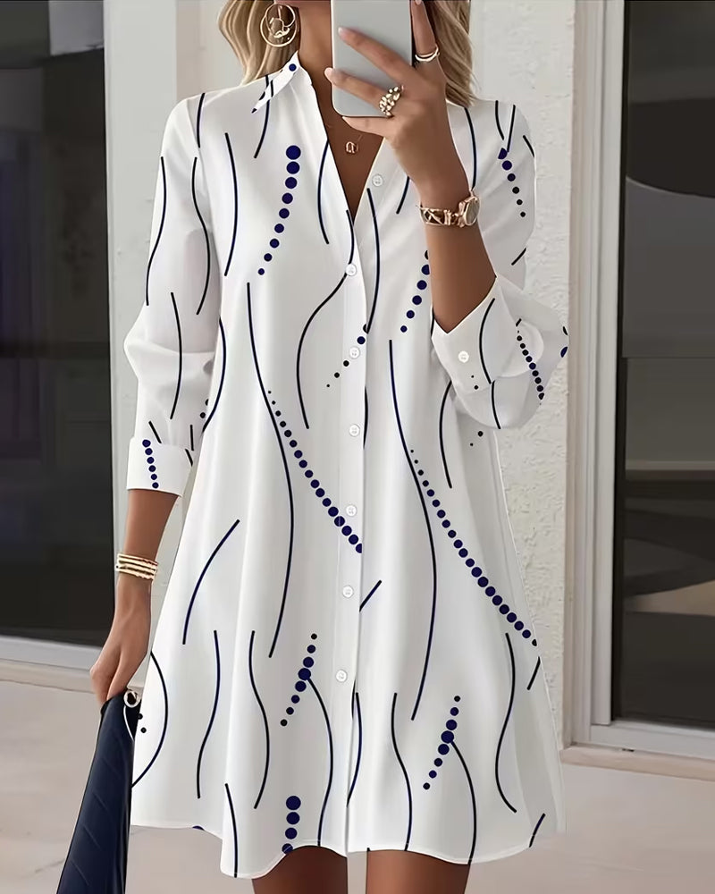 White Collared Abstract Print Button-Front Long Sleeve Shirt Mini Dress