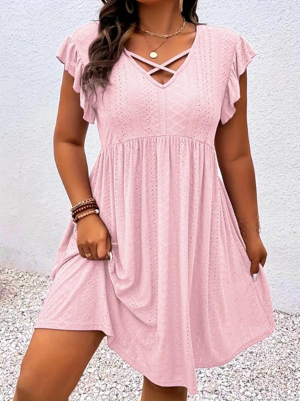 Crisscross V-Neck Flutter Sleeve Eyelet Babydoll Mini Dress