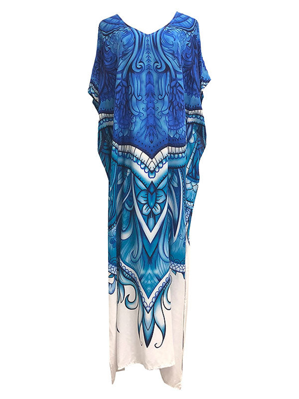 Blue V-Neck Baroque Print Batwing Sleeve Side Slit Kaftan Maxi Dress