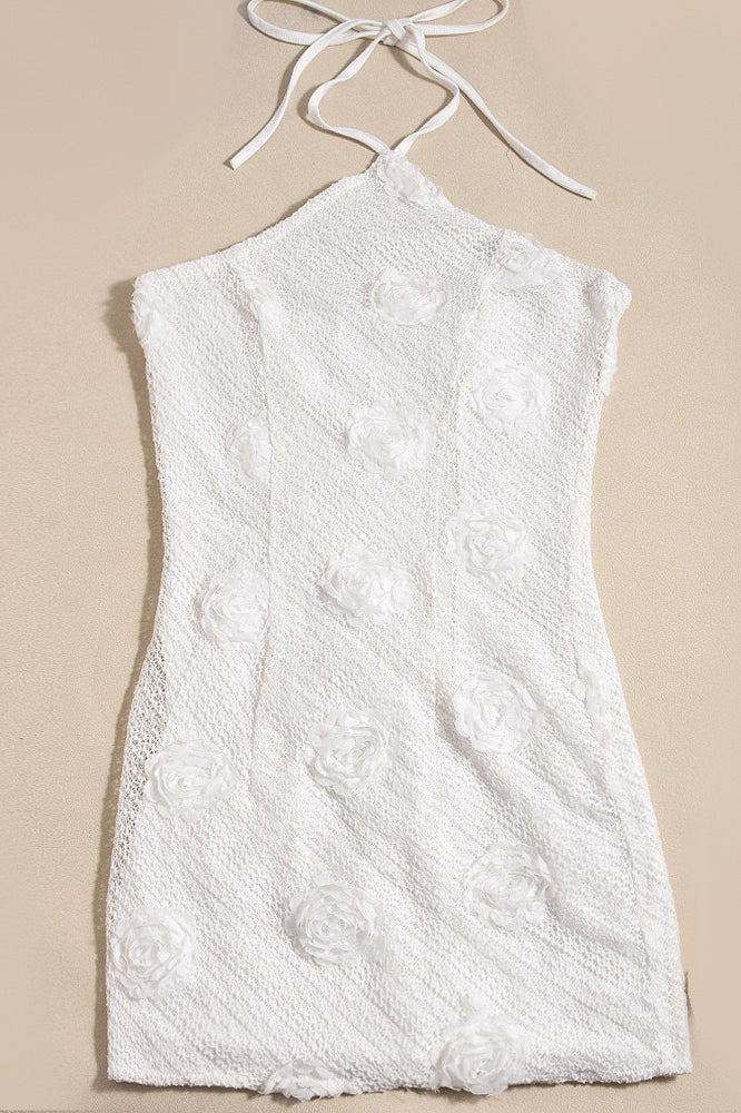White Halter Neck Crochet 3D Rosette Applique Bodycon Mini Dress 4